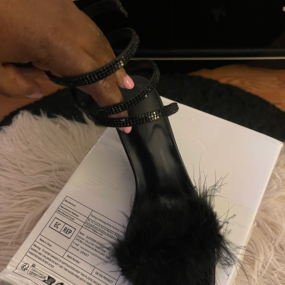 Black Strappy Heeled Sandals with Feather Detail